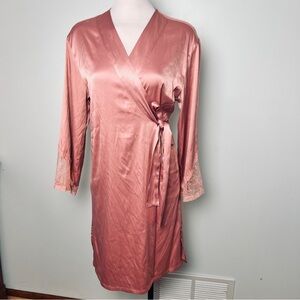 Victoria's Secret Blush Pink Satin Lace Trim Robe - Size M/L
